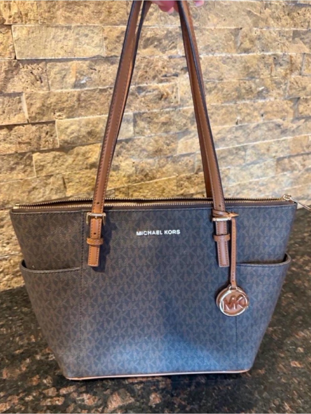 Michael Kors Brown MK Monogram Tote with Tan Handles